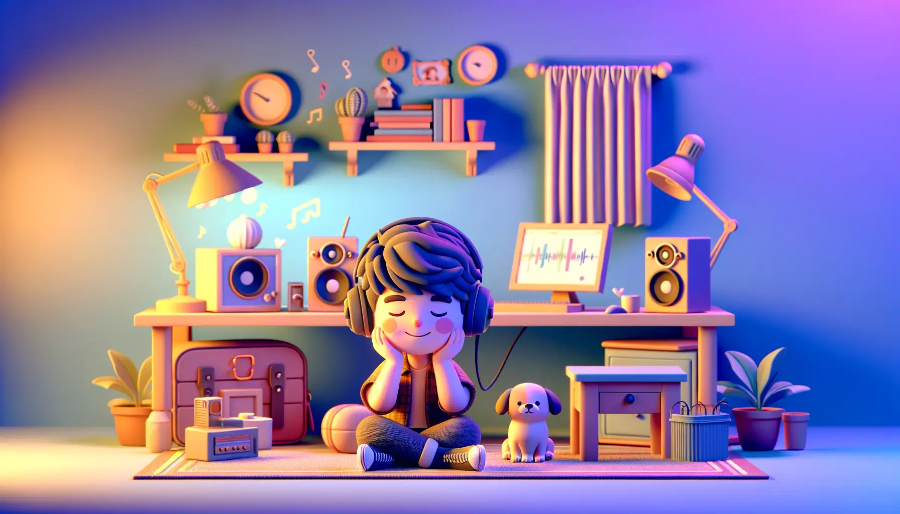 Animated boy with headphones sits cross-legged, smiling with closed eyes, alongside a dog in a cozy, music-themed room.