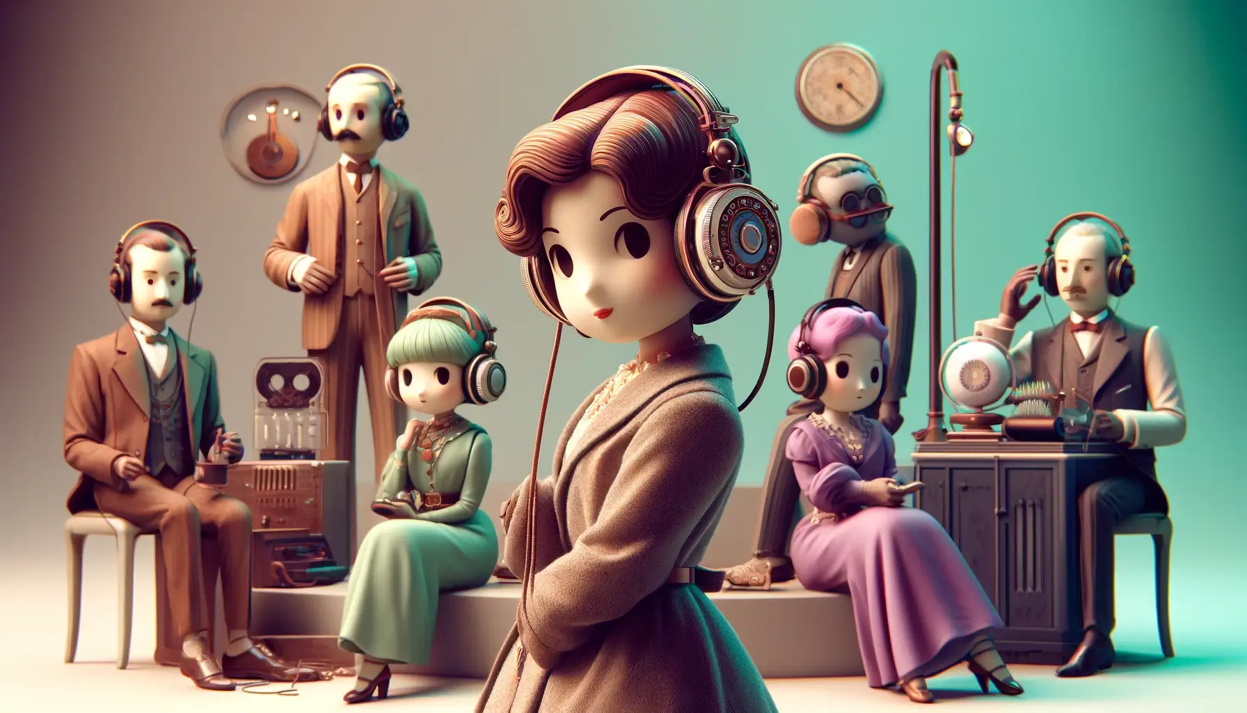 Vintage-inspired dolls with headphones operate various antique communication devices in a retro-futuristic setting.