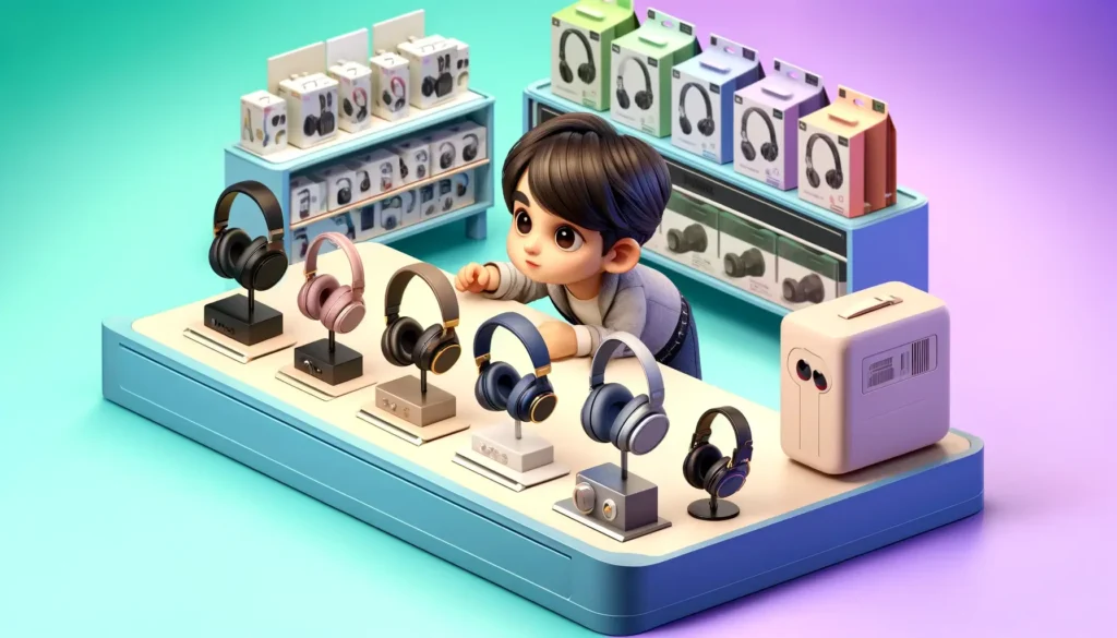 a boy choosing headphones from various options available