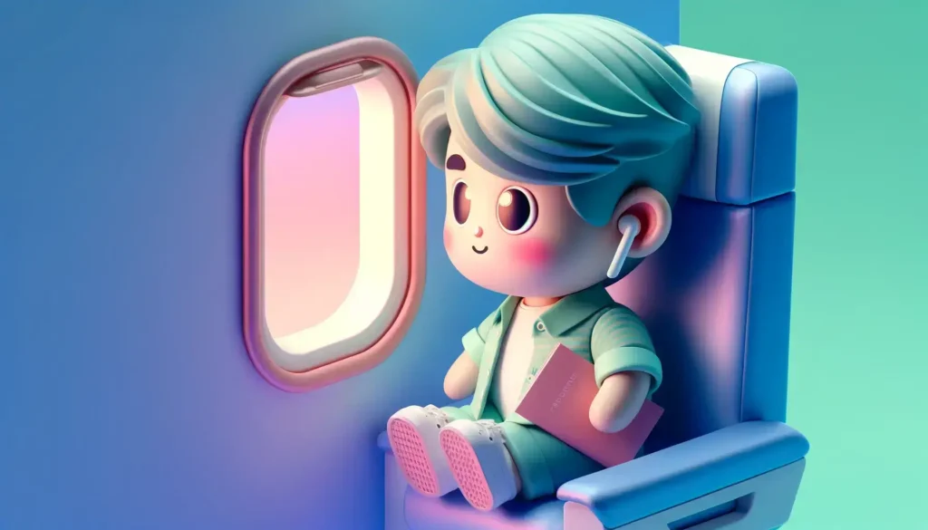 A boy in an airplane wearing in ear headphones.