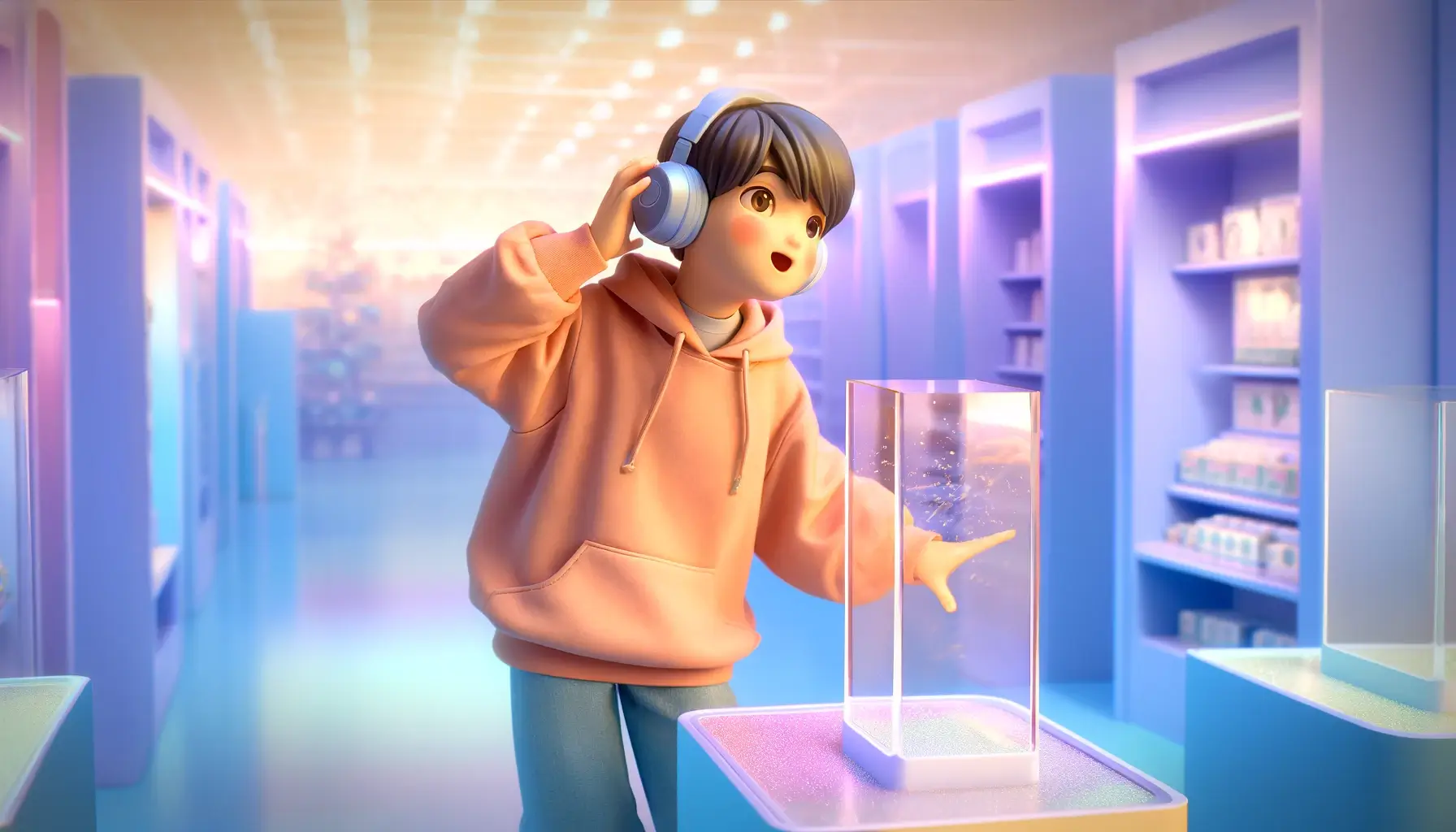 Animated child in a peach hoodie listening to headphones and touching a display case in a brightly lit store aisle.