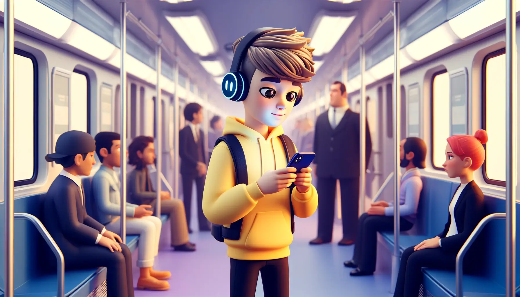 a boy making use of an app to listen to music in train