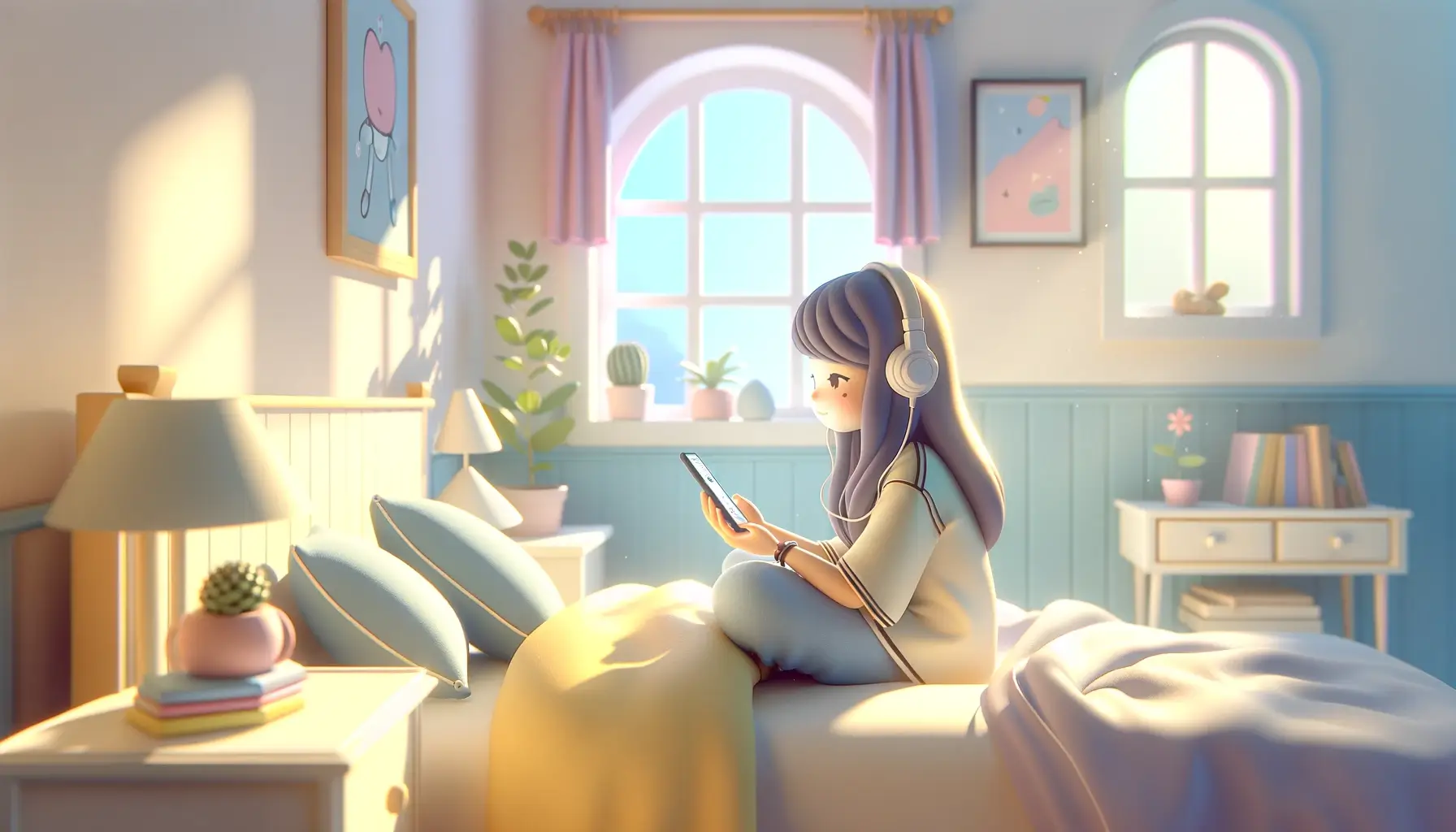 A girl with headphones sits on a cozy bed, using a tablet in a sunlit, neatly decorated bedroom.