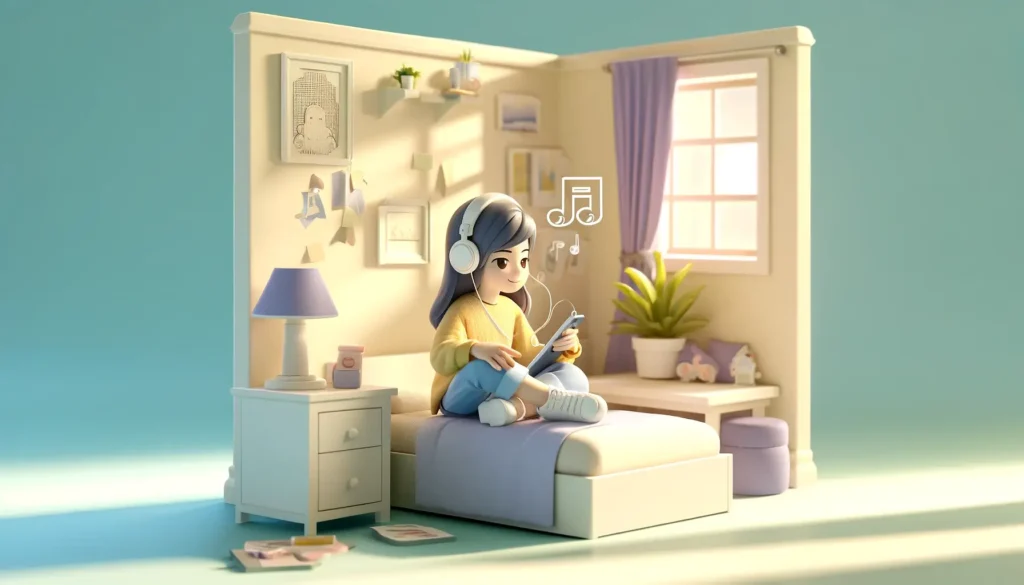 a girl listening to music in her room