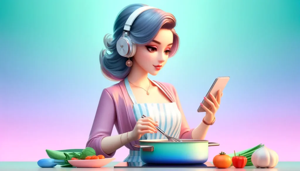 a woman cooking using bluetooth headphones