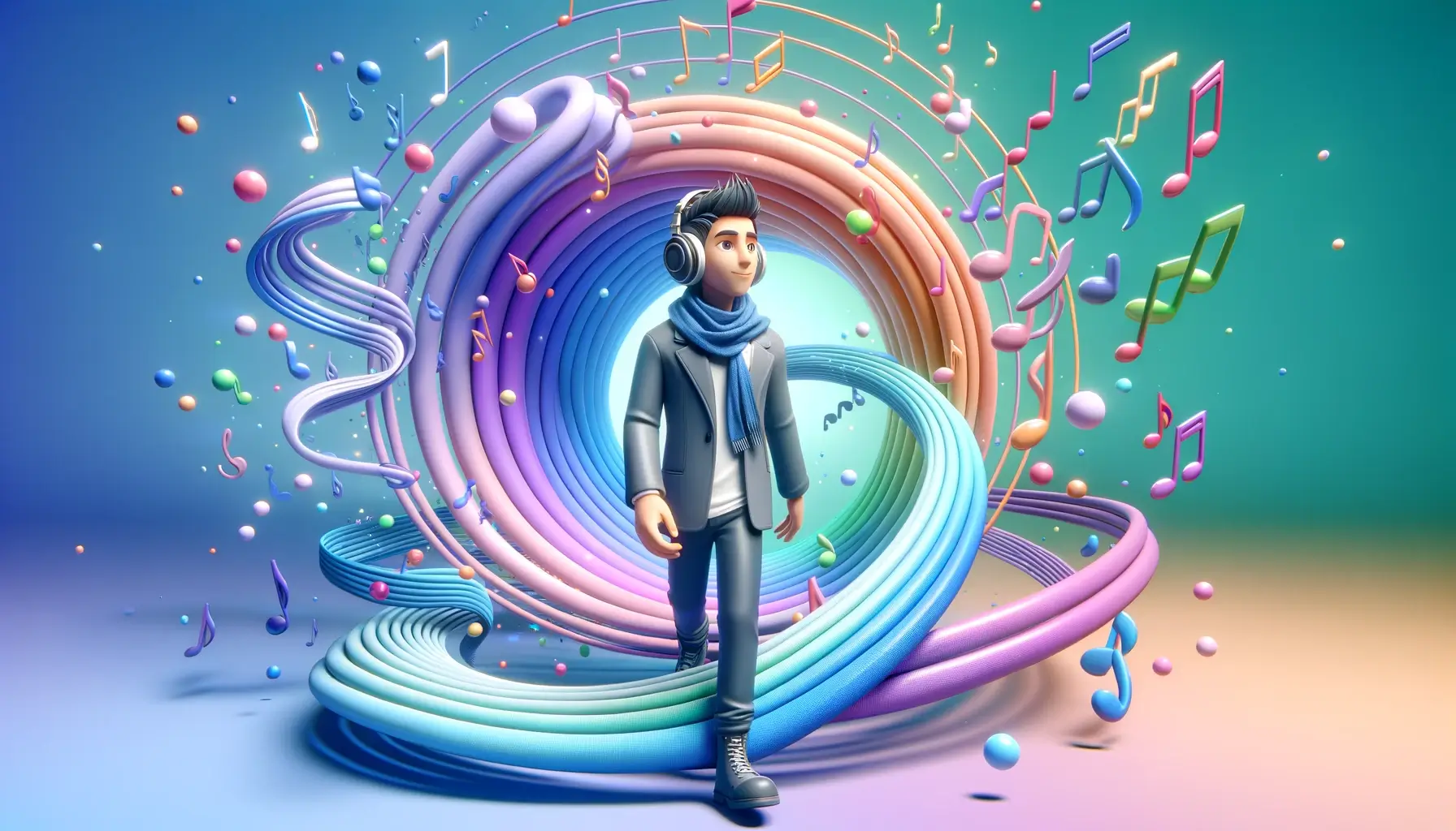 Animated person with headphones walking through a colorful, musical vortex with floating notes and vibrant swirls.