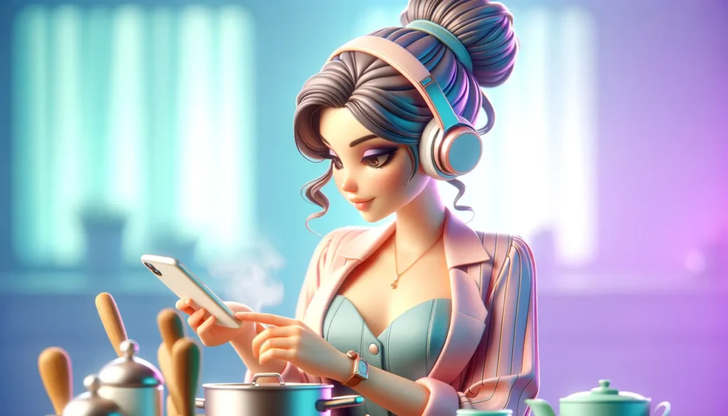 a woman listening to music while cooking 