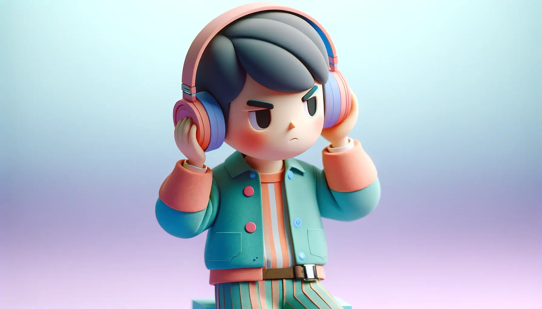 Illustration of a cartoon character wearing colorful headphones and a matching outfit, concentrating on listening, against a pastel gradient background.