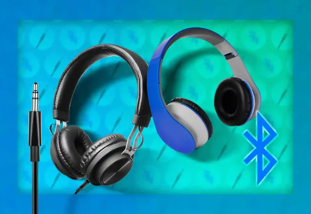 a wired headphone next to a bluetooth headphone 11zon