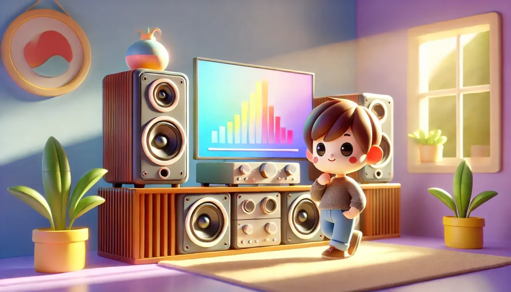 A boy walking by his TV after connecting his speakers