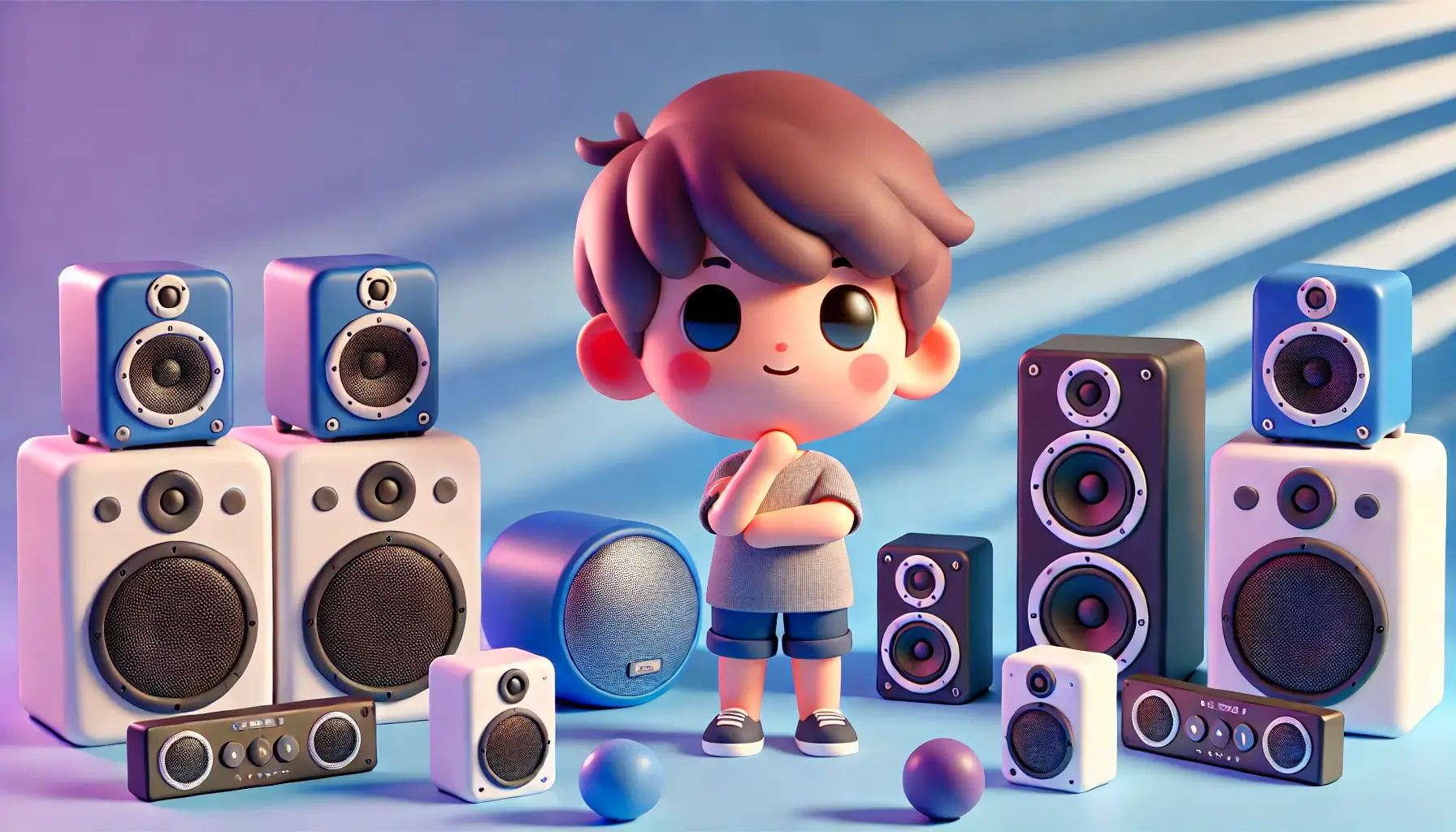 A boy thinking between many speakers while choosing the right speaker