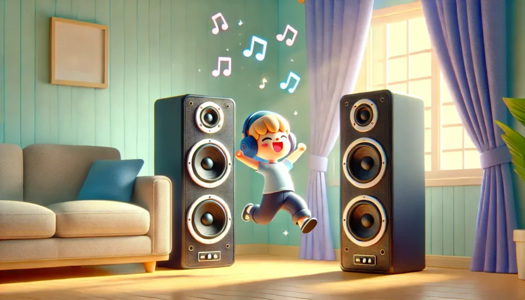 A boy jumping between two tower speakers, enjoying the music