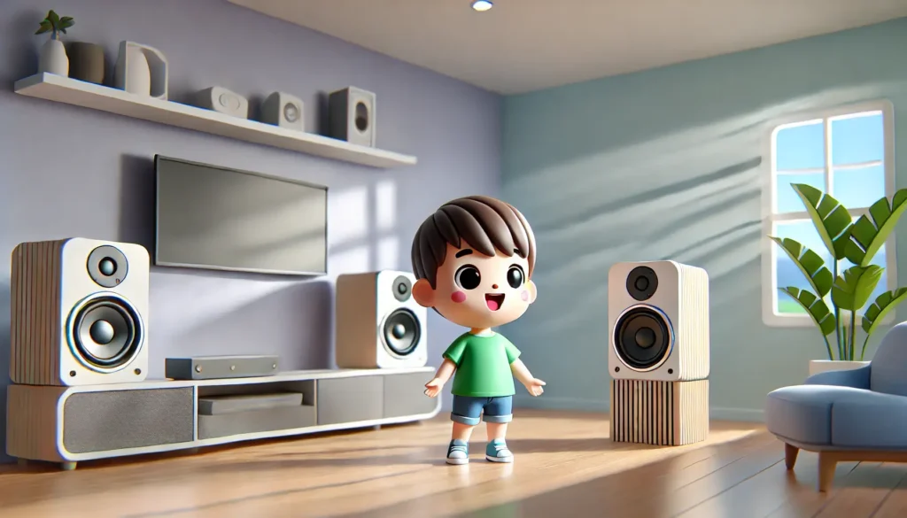 A boy standing happily between different speakers