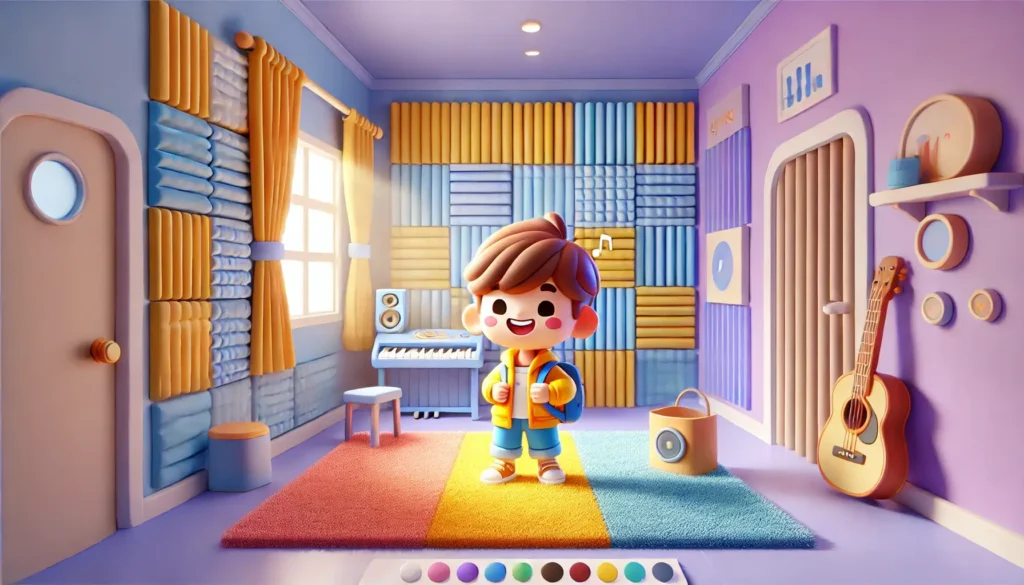 A boy standing in the centre of his room, surrounded by sound reflectors.