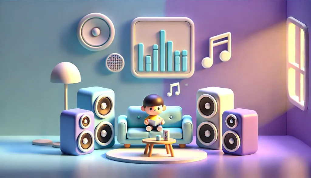 A boy sitting on a sofa surrounded by speakers on all sides