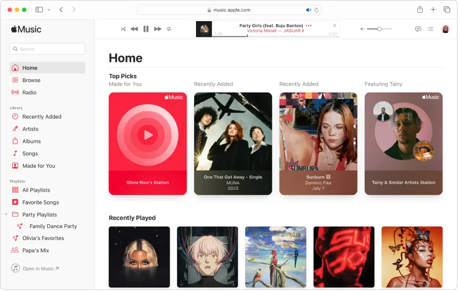 Apple Music home page displaying Top Picks, Recently Added, Featured Stations, and Recently Played sections with album covers.