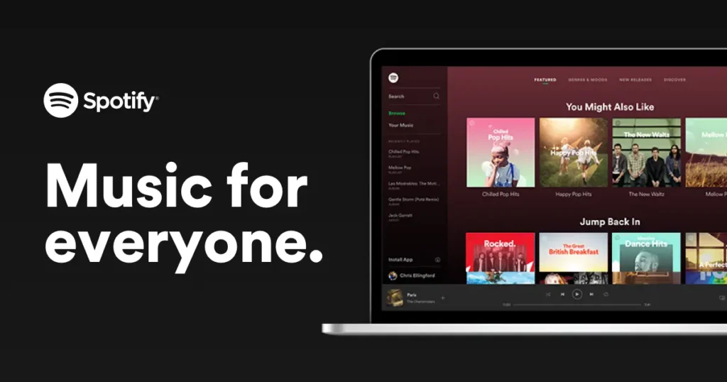 Spotify promotional image displaying a laptop screen with various music playlists and the tagline "Music for everyone" on a black background.