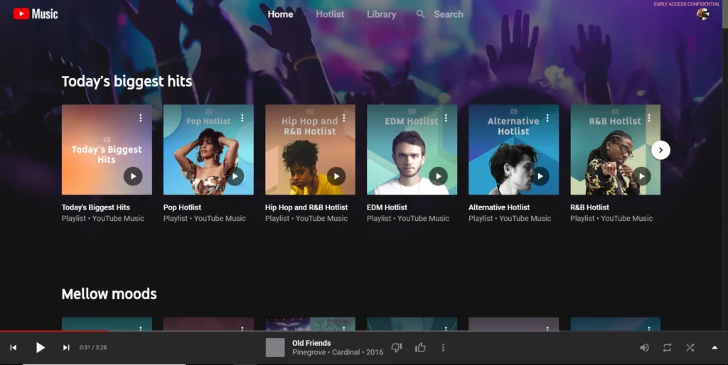 YouTube Music interface showcasing playlists like "Today's Biggest Hits," "Pop Hotlist," "Hip Hop and R&B Hotlist," "EDM Hotlist," and "Alternative Hotlist.