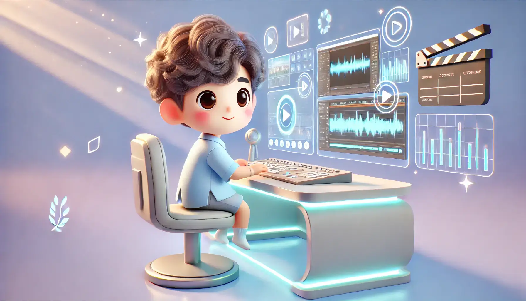 Cute digital character editing videos on a futuristic computer setup with holographic screens displaying audio and video graphs.