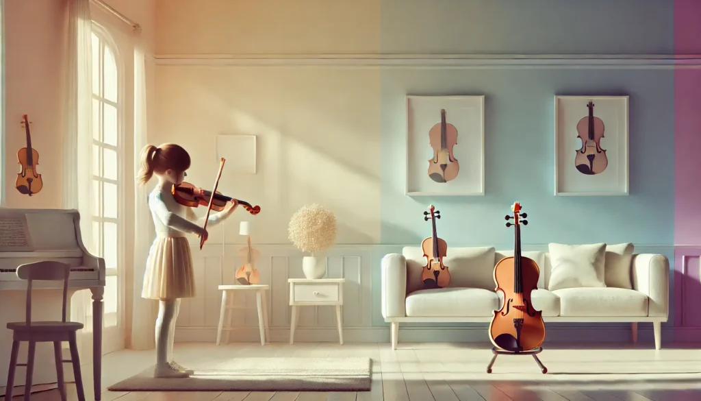 Girl playing violin in a sunlit room, with other string instruments and sheet music, creating a cozy musical ambiance.