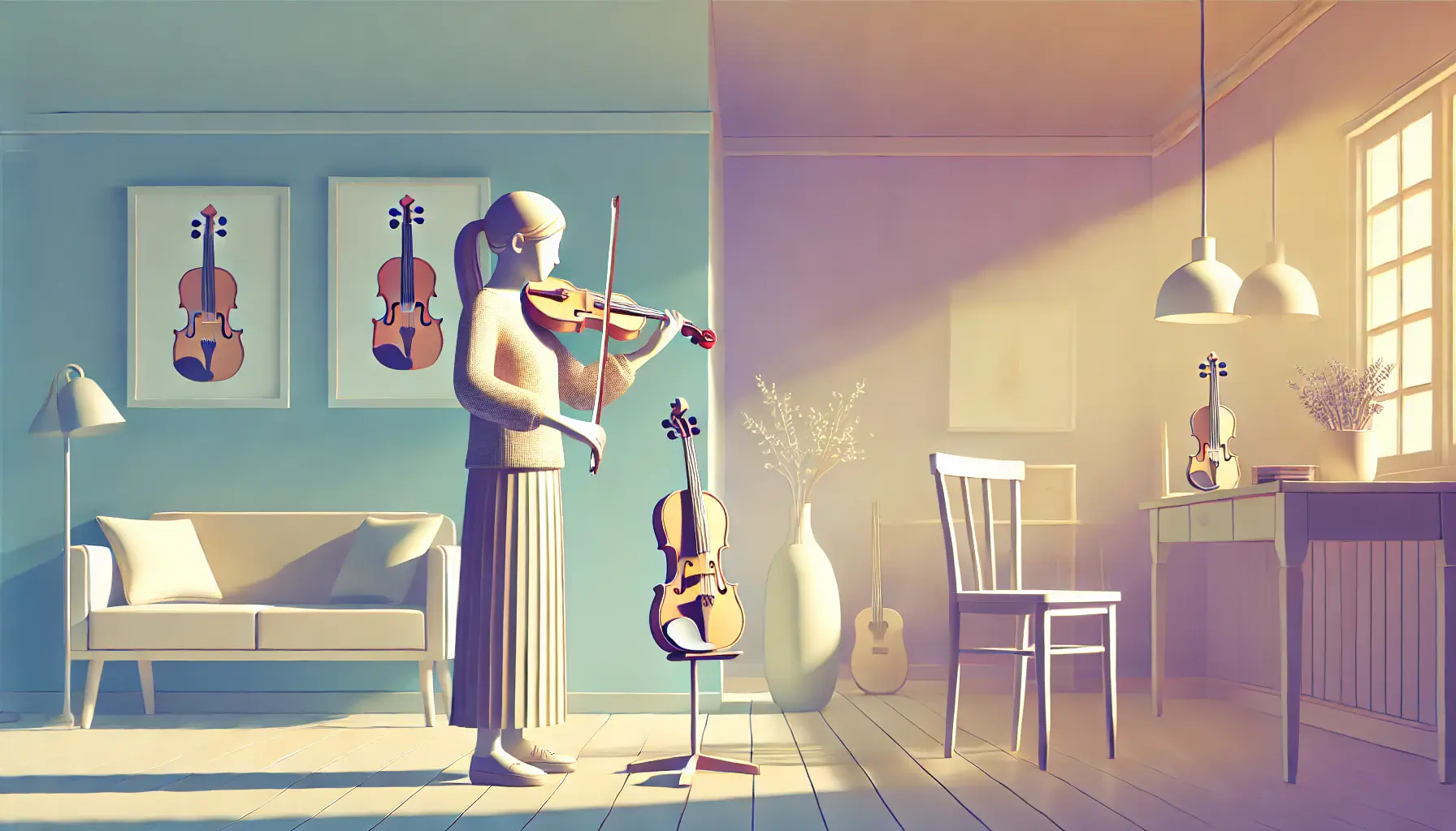 A person plays a violin in a sunlit room with a blue wall, art of violins, and a cozy interior setup.