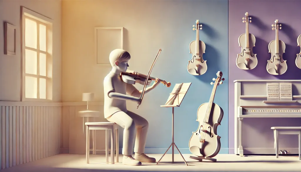 A 3D character plays the violin in a music room with instruments on the walls, a music stand, and a piano.