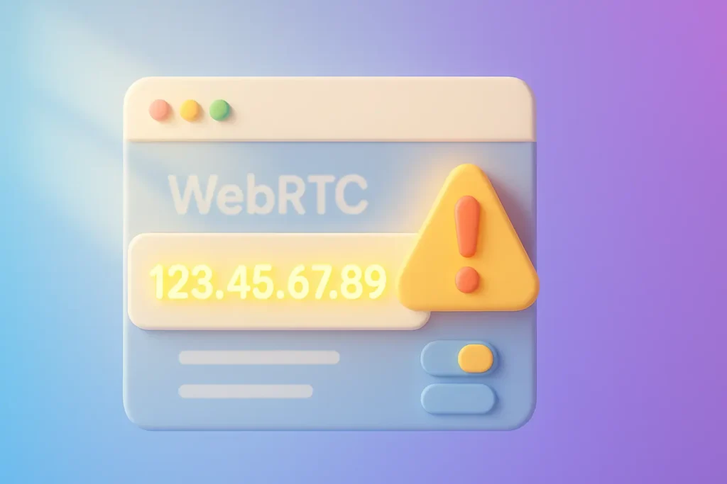 Illustration of a browser window showing WebRTC with an IP address warning triangle on a gradient background.