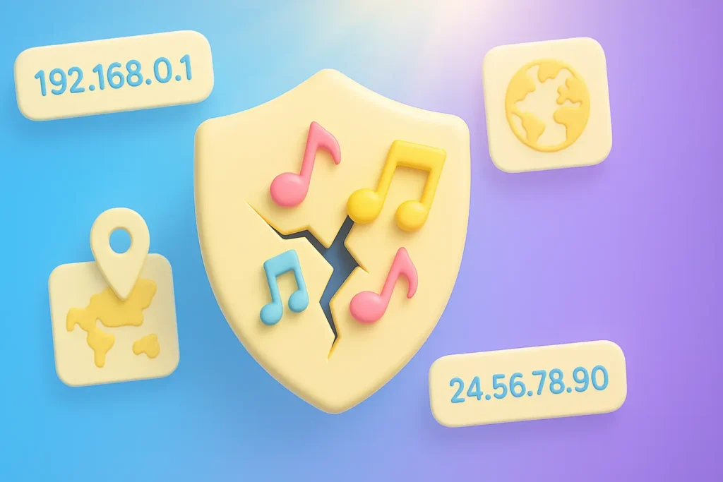 Shield with musical notes and a crack, surrounded by IP addresses and map icons, on a gradient background.