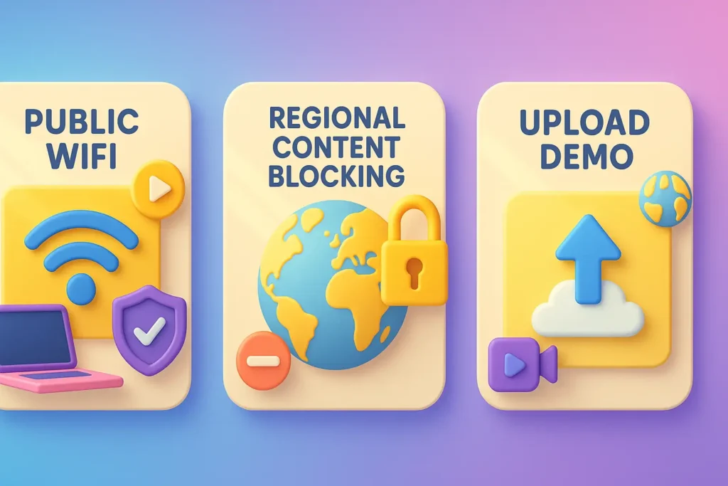 Illustration of three app icons for public WiFi, regional content blocking, and file upload demo on a colorful background.