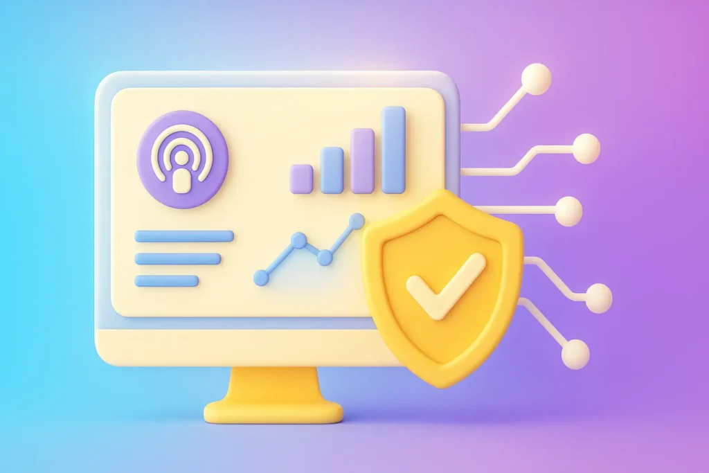 3D illustration of a monitor with data graphs, a podcast icon, network lines, and a shield with a checkmark.