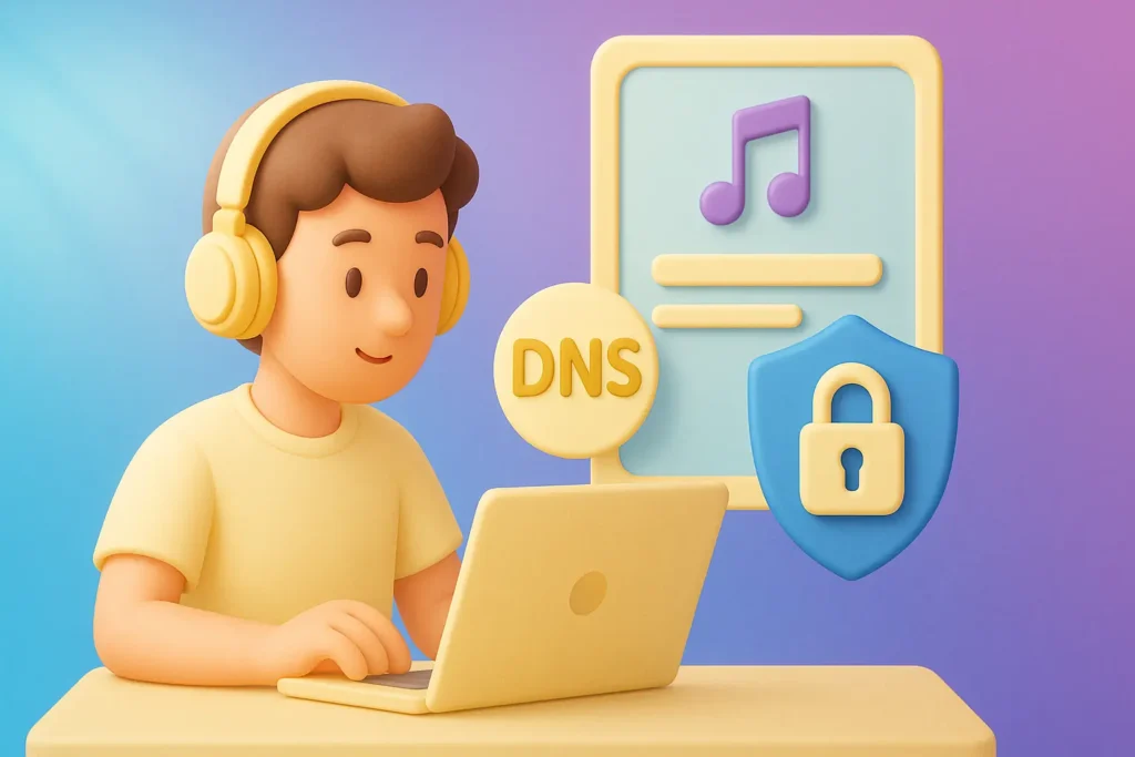 Cartoon character with headphones using a laptop, with DNS, music note, and security shield icons in the background.