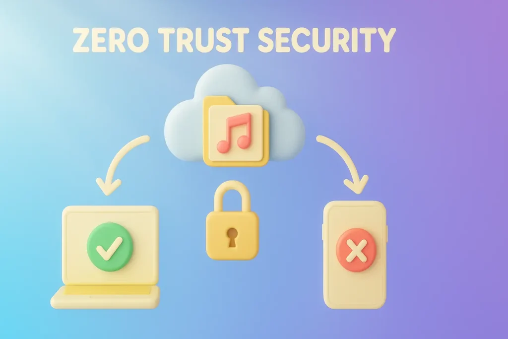 Cloud security concept with a lock, approved laptop, and denied phone under "Zero Trust Security" text.