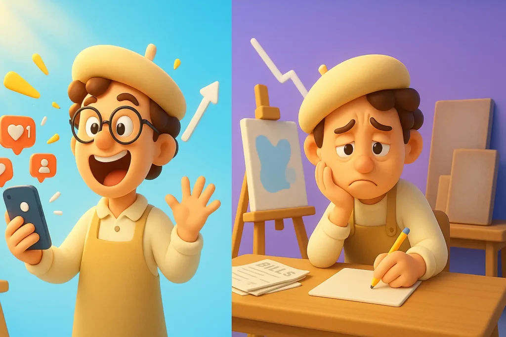 Cheerful artist with phone, digital success icons; sad artist with paper bills, declining trend; contrasting emotions.