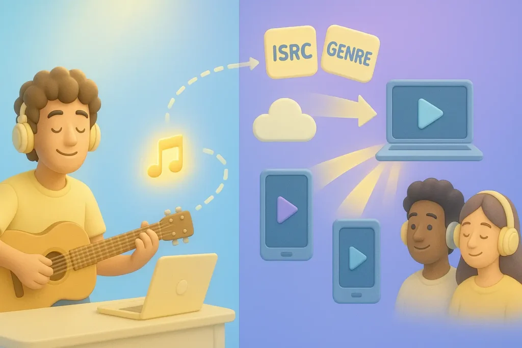 An artist plays guitar with headphones, while digital music data, ISRC, and genre are shared to devices and listeners.