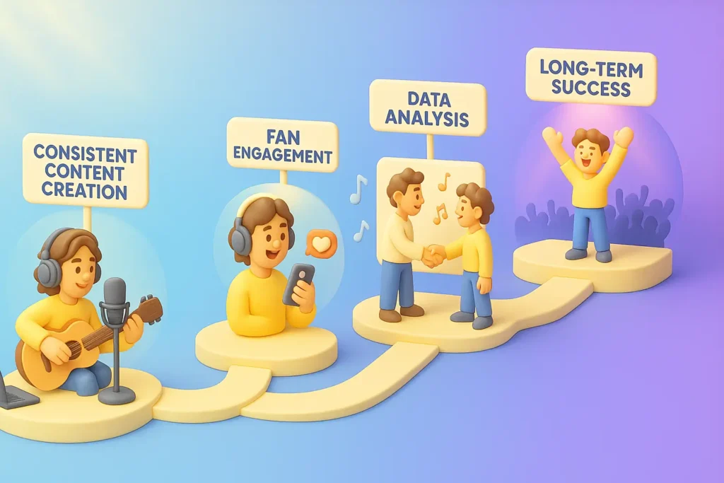 Illustration of a content creation process with stages: creation, engagement, analysis, leading to long-term success.