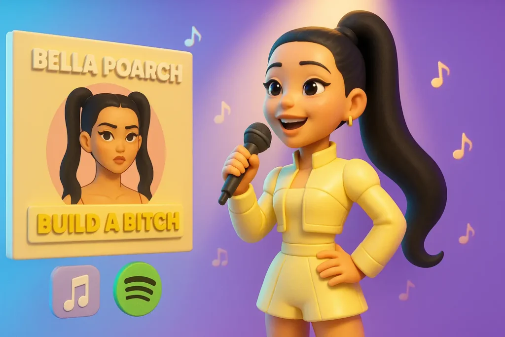 Animated girl singing with a microphone, beside a poster titled "Build a Bitch" with music note icons.