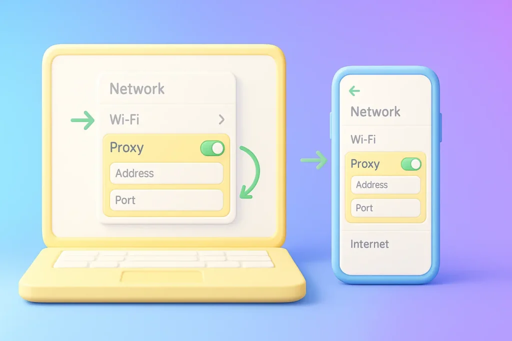 Cartoon laptop and phone screens showing network proxy settings with toggle switches.