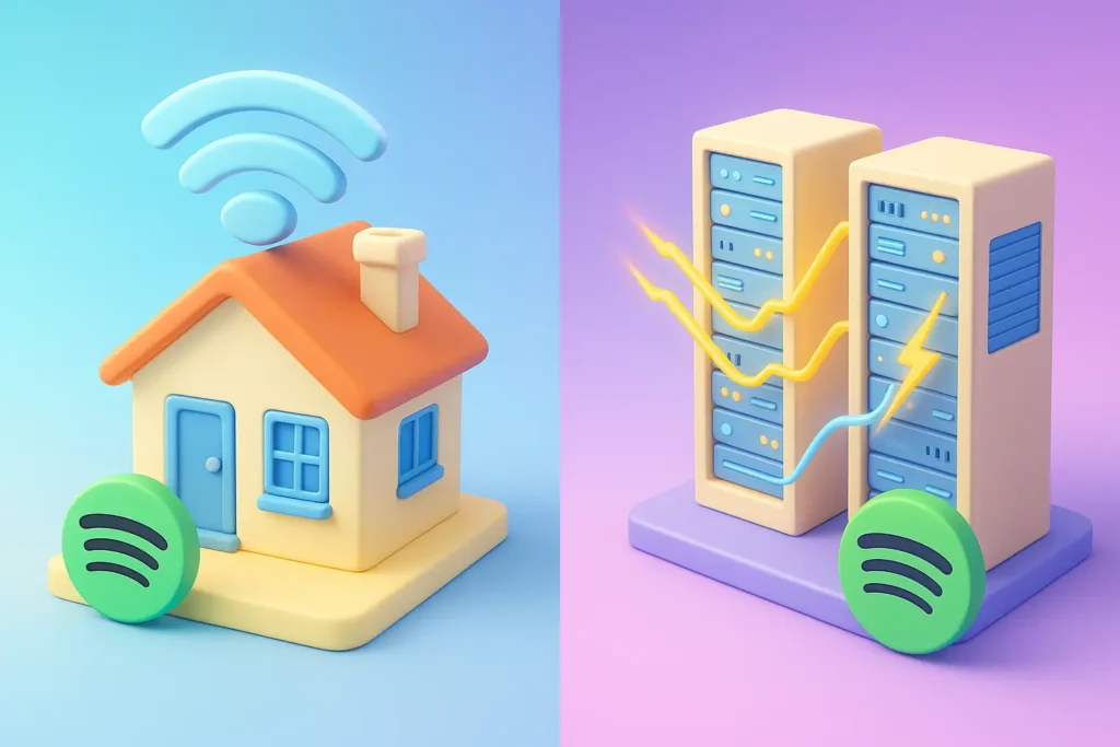 Cartoon home with Wi-Fi and Spotify logo next to servers, symbolizing streaming from home and data centers.