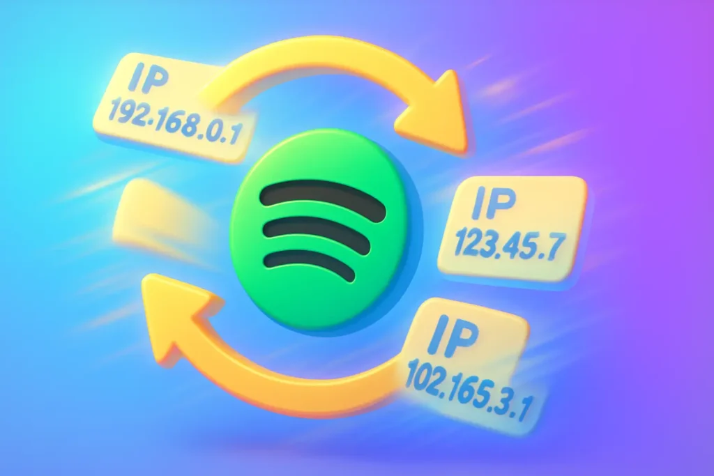 Green Spotify logo with IP addresses and yellow arrows on a gradient blue-purple background.