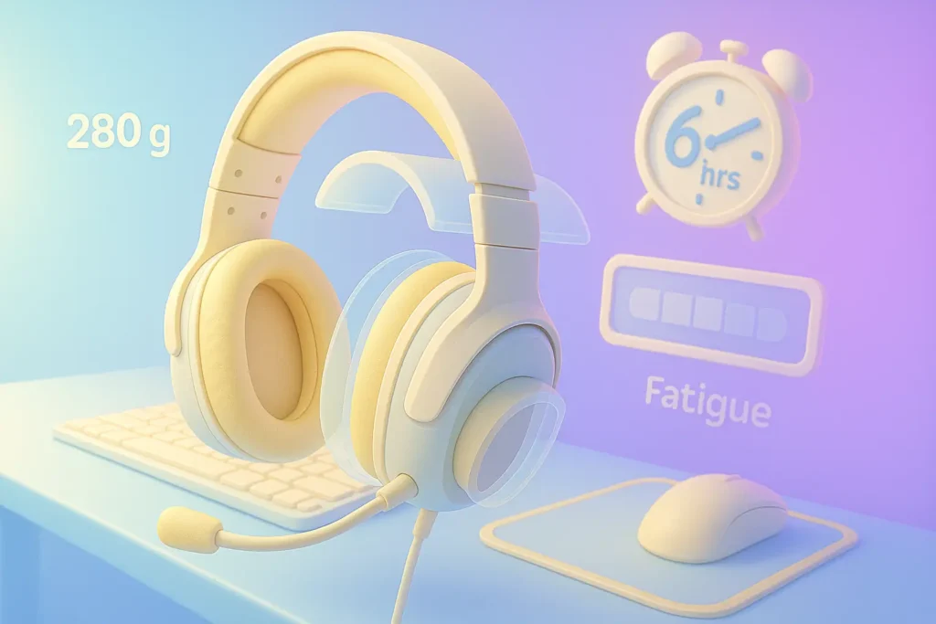Lightweight cream gaming headset with mic, 280g, on desk with keyboard, mouse, clock, fatigue indicator.