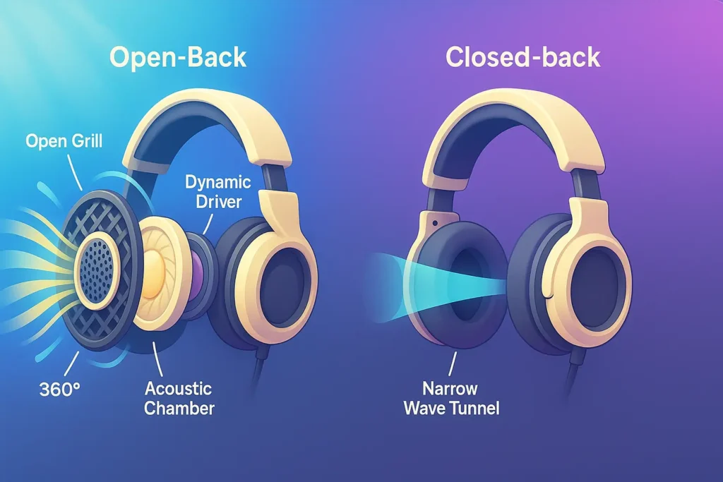 Comparison of open-back and closed-back headphones, highlighting open grill, dynamic driver, acoustic chamber, and wave tunnel.