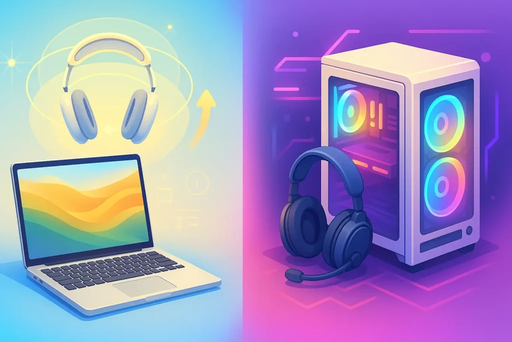 Illustration of a laptop with floating headphones on the left and a PC tower with a headset on the right, in vibrant colors.