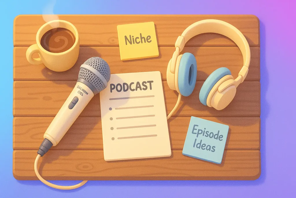 Podcast setup with a microphone, headphones, a notepad labeled "Podcast," sticky notes "Niche" and "Episode Ideas," and a coffee.