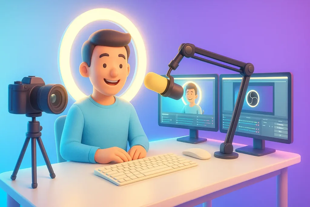3D cartoon figure streaming with a microphone, dual monitors, ring light, camera, and keyboard on a desk.