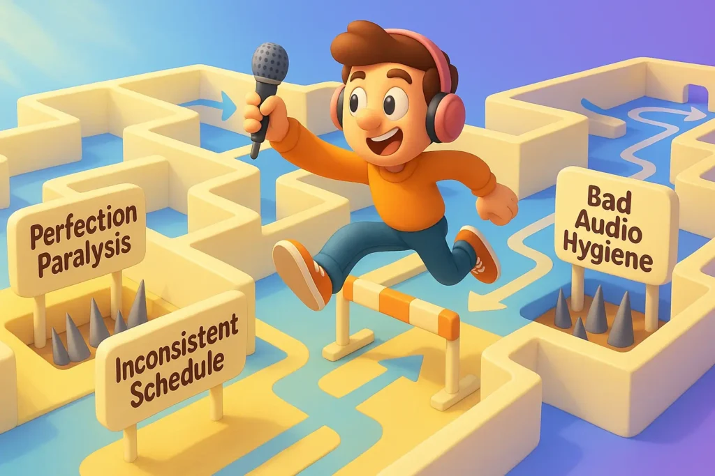 Cartoon podcaster overcomes hurdles labeled perfection, inconsistency, and audio issues, representing podcasting challenges.