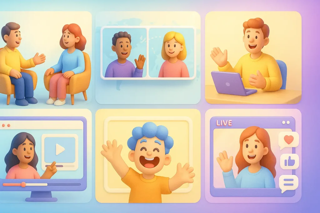 Illustration of diverse people engaging in online communication, including video calls, livestreams, and chatting.