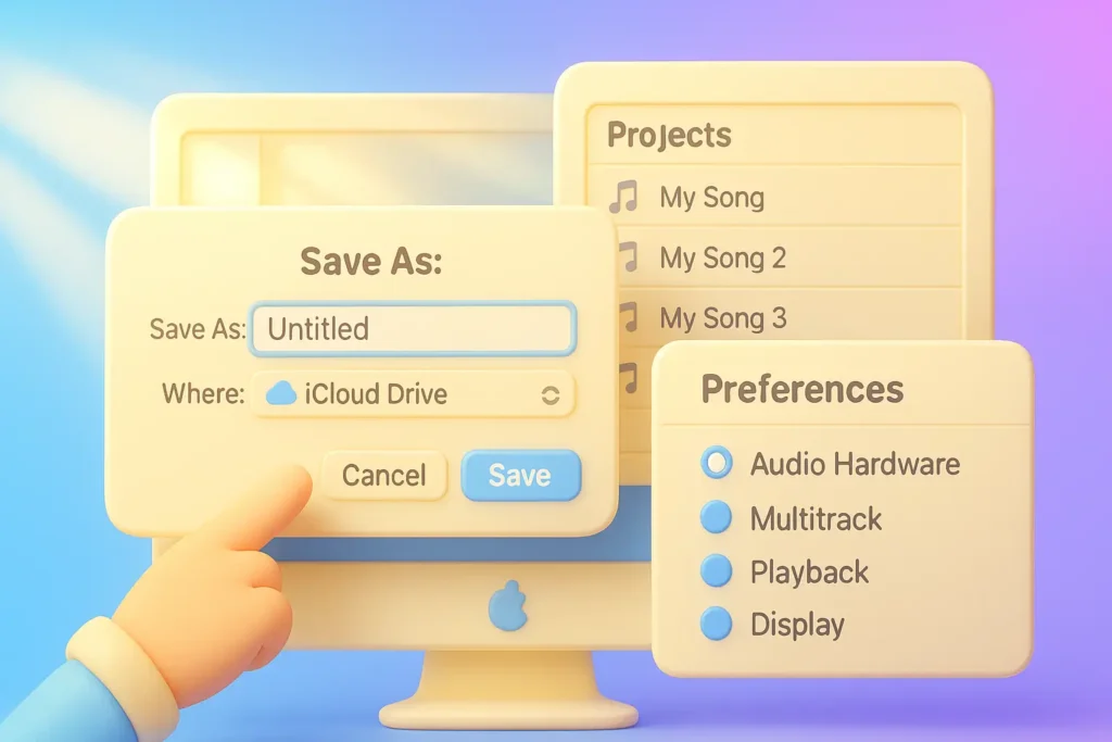 Animated interface with save options, project list, preferences, and a hand pointing to the "Save" button on a computer screen.