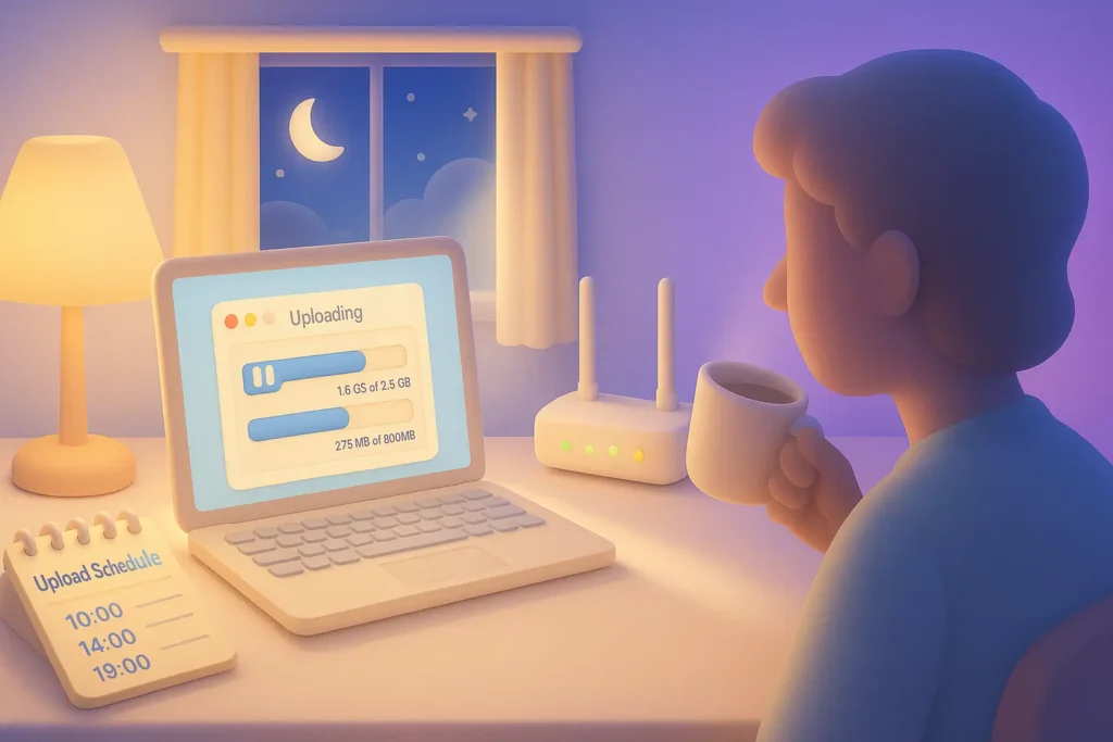 Person drinking coffee at a desk with a laptop showing upload progress, a schedule, and a glowing router under a night sky.