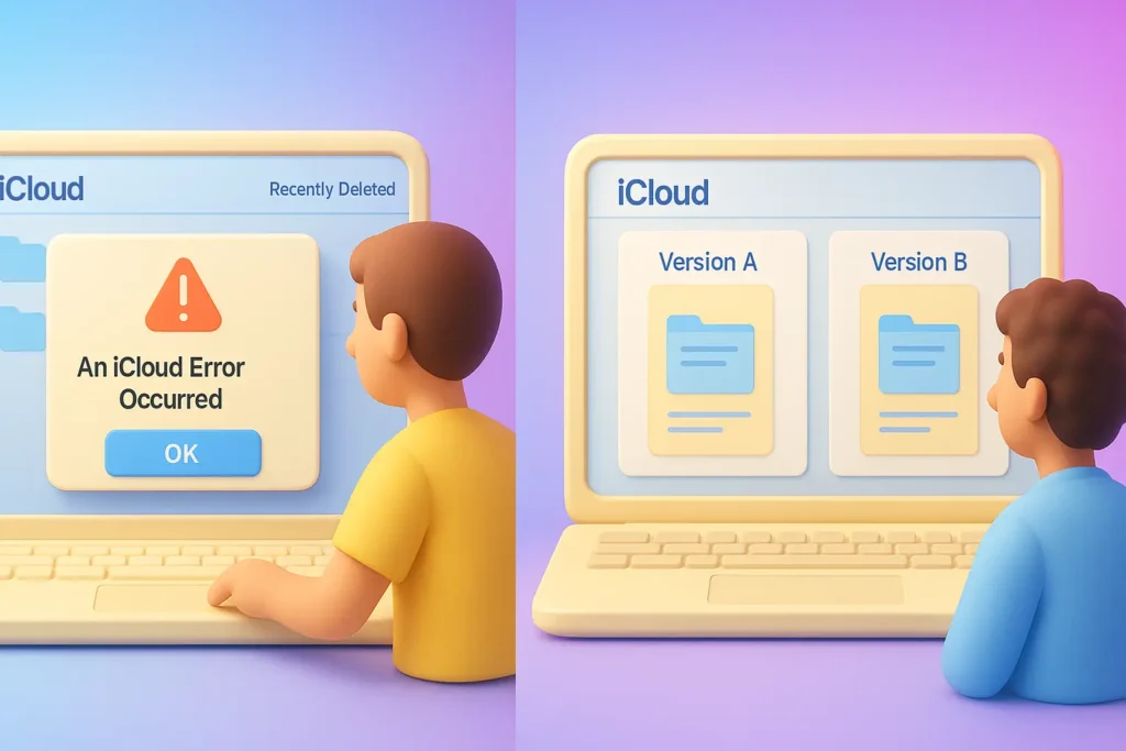 Person facing iCloud error message on screen, next to options for Version A and B on another device, highlighting a decision.