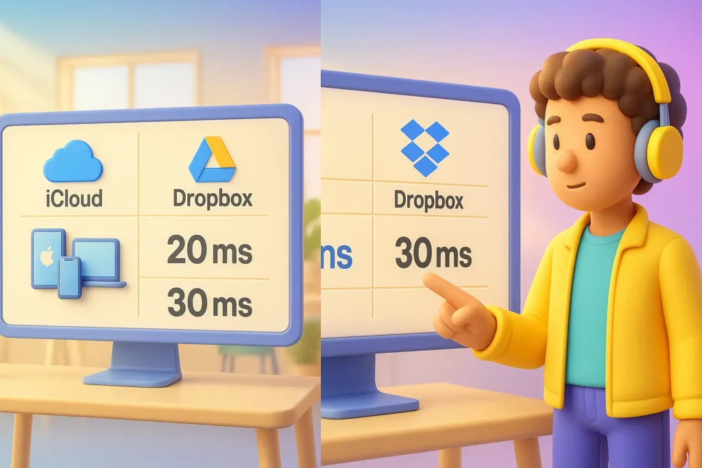 Illustration of a person comparing iCloud (20ms) and Dropbox (30ms) speeds on a monitor, with icons and colorful design.
